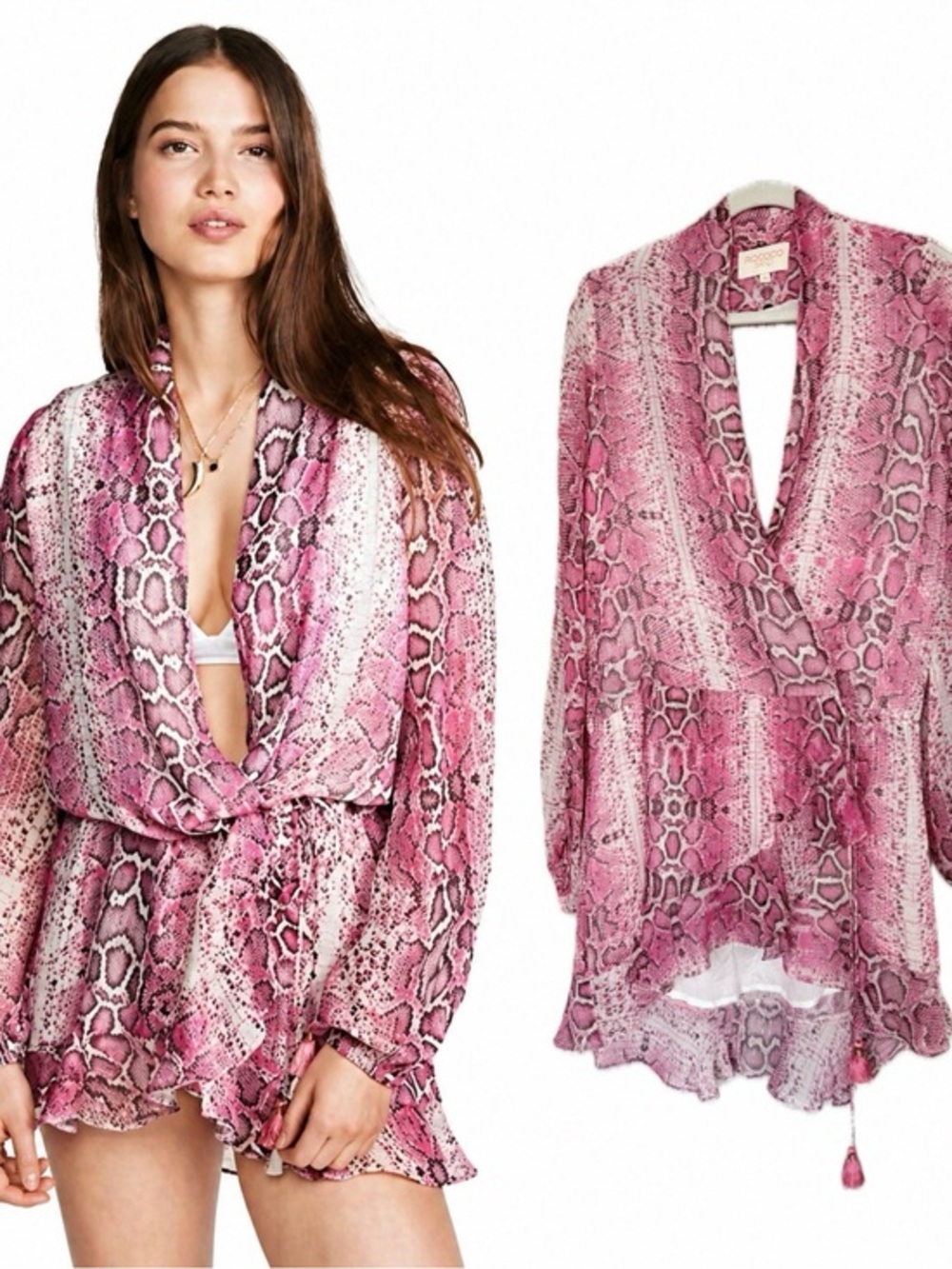 Rococo Sand Lexi Pink Snake Print Long Sleeve Wrap Mini Dress XS